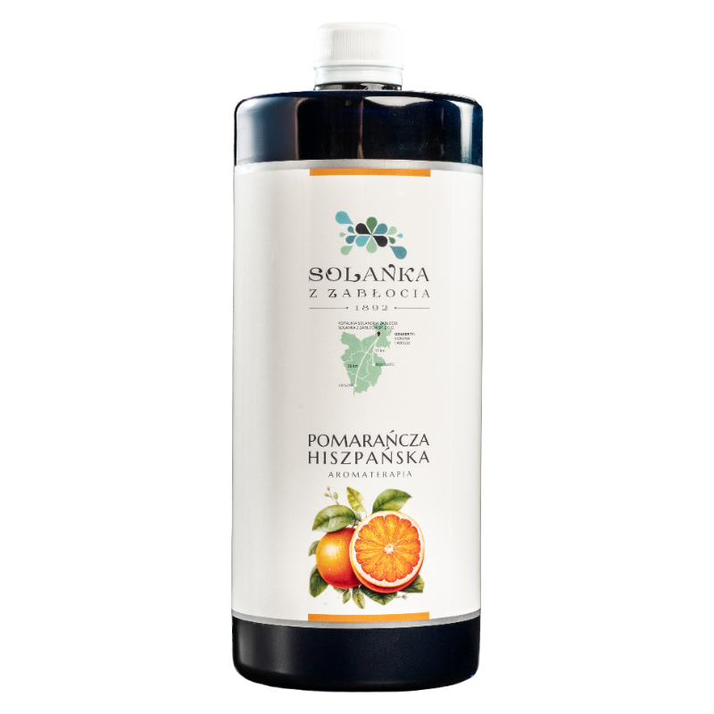 Naturalny preparat solanka z Zabłocia 1 litr Pomarańcza Hiszpańska w litrowym opakowaniu, przeznaczony do aromaterapii energetyzującej i poprawy nastroju.