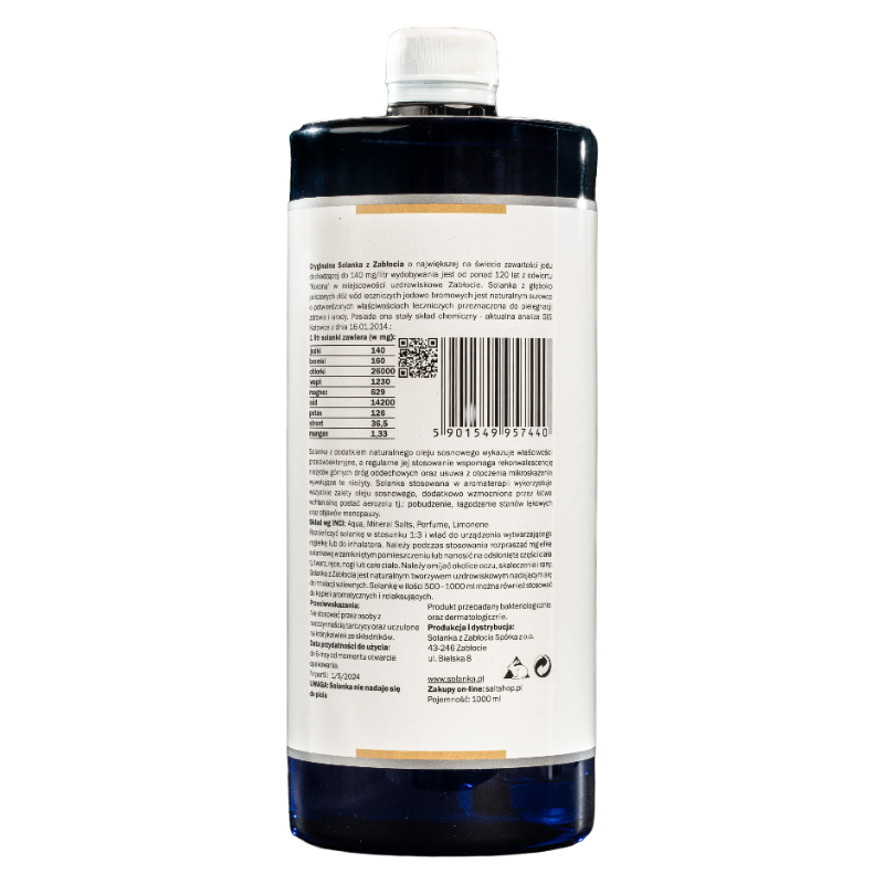 Przezroczysta butelka skrywająca produkt solanka z Zabłocia 1 litr Sosna Syberyjska, idealny do dodawania witalności i wspierania organizmu przy osłabieniu. Opis