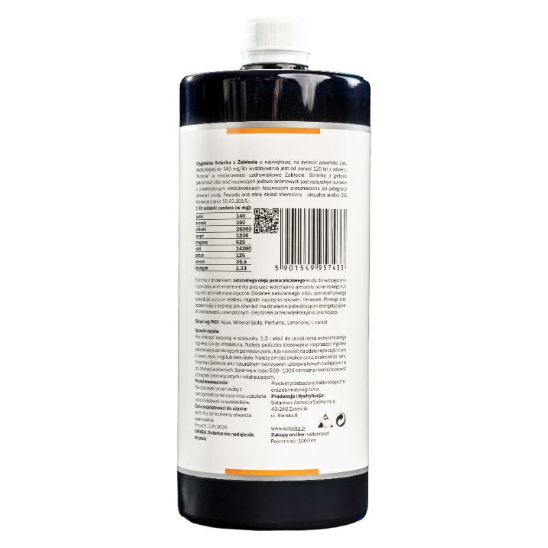 Naturalny preparat solanka z Zabłocia 1 litr Pomarańcza Hiszpańska w litrowym opakowaniu, przeznaczony do aromaterapii energetyzującej i poprawy nastroju. Opis